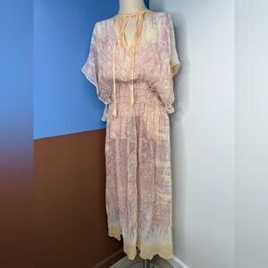 Calypso St. Barth 100% Silk Sheer‎ Midi Kaftan Side Slit Coverup Pink Cream 1